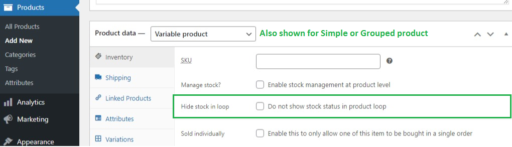 alt WooCommerce Stock Status in Product Loop plugin settings - product level